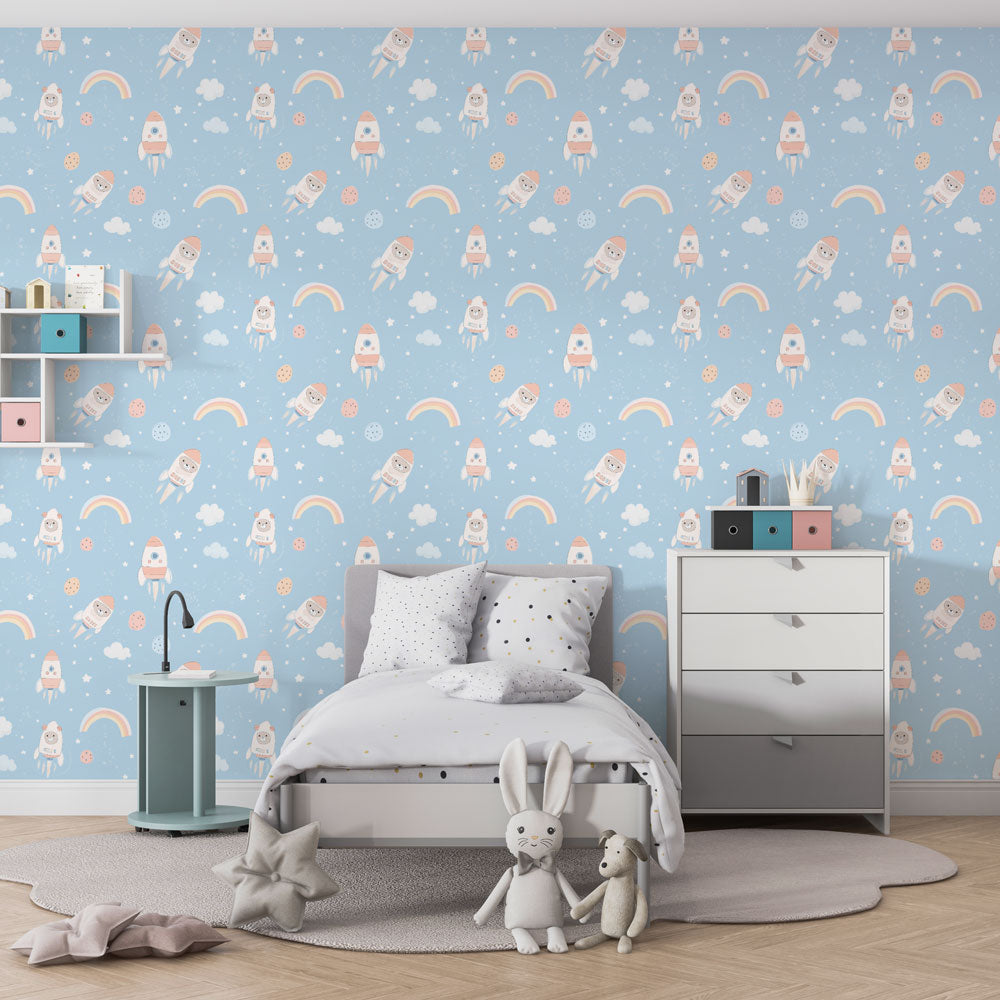 Rocket and astronaut mural wallpaper transforming kids playroom into space adventure
