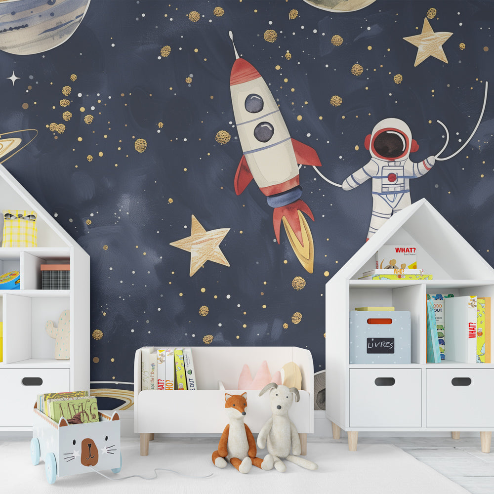 Astronaut and rocket mural wallpaper transforming children's playroom into space adventure