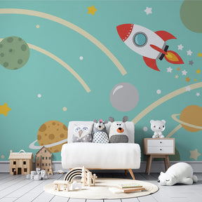 Astronaut mural wallpaper transforming children's playroom into cosmic adventure space