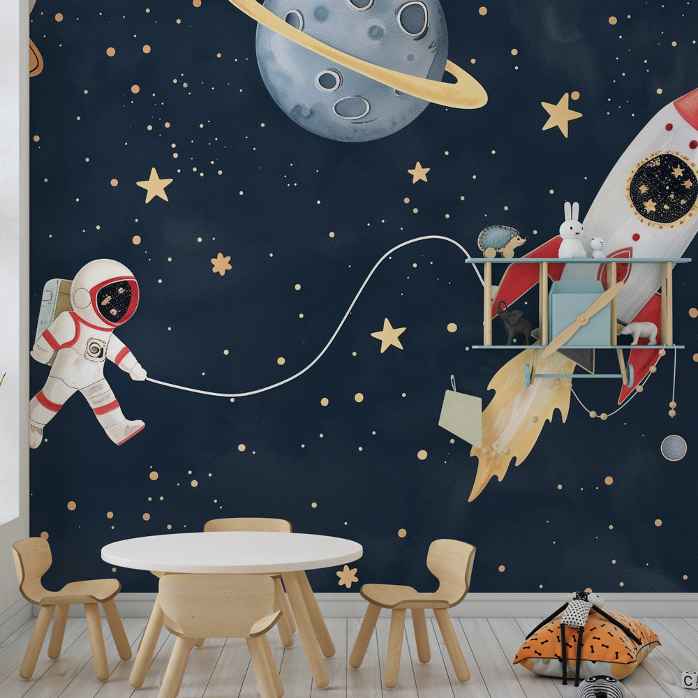 Blue space themed mural wallpaper with astronaut and stars in children's room by Kids-Mundo