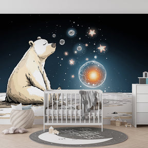 Dreamy space themed mural wallpaper with gentle bear among stars for kids room by Kids-Mundo