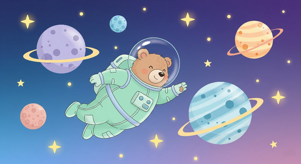 Detailed space bear astronaut mural wallpaper design pattern with planets and stars by Kids-Mundo
