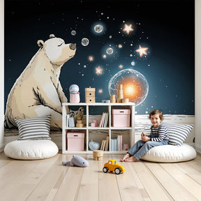 Space bear mural wallpaper creating cosmic nursery decor with dreaming astronaut design by Kids-Mundo