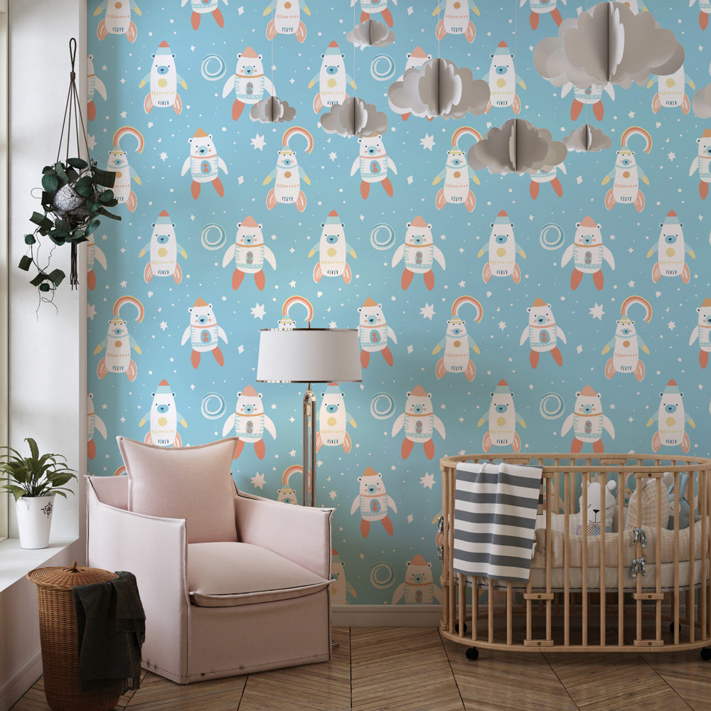 Cosmic bear mural wallpaper transforming kids playroom into space adventure zone