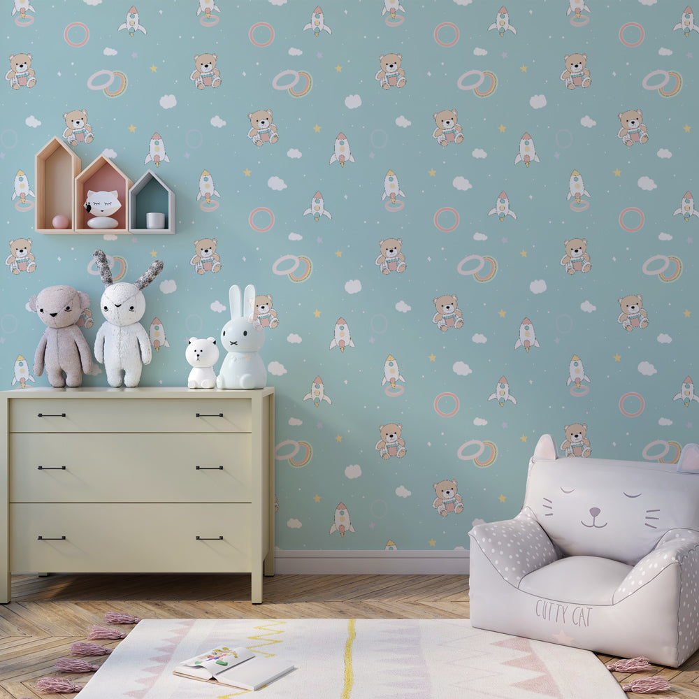 Teddy bear and rocket mural wallpaper on blue background for toddler room by Kids-Mundo
