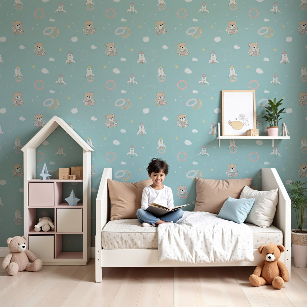 Space bears mural wallpaper with teddy bears and rockets in modern nursery room by Kids-Mundo