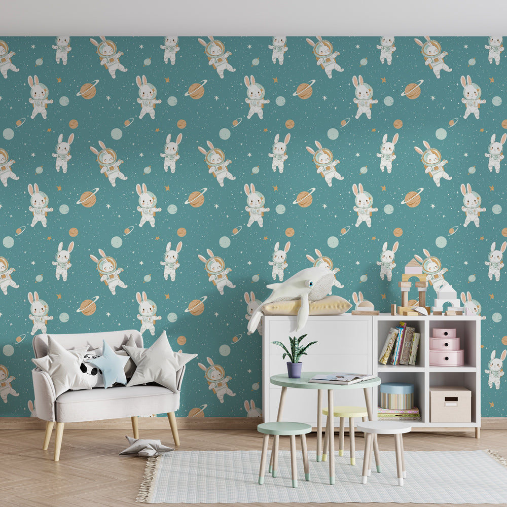 Space bunny wallpaper transforming children's bedroom with playful astronaut theme