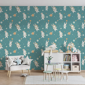 Space bunny wallpaper transforming children's bedroom with playful astronaut theme