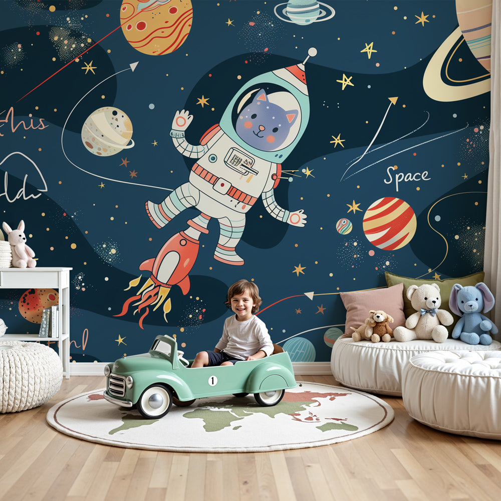 Space cat astronaut mural wallpaper in modern children's bedroom with blue galaxy theme by Kids-Mundo