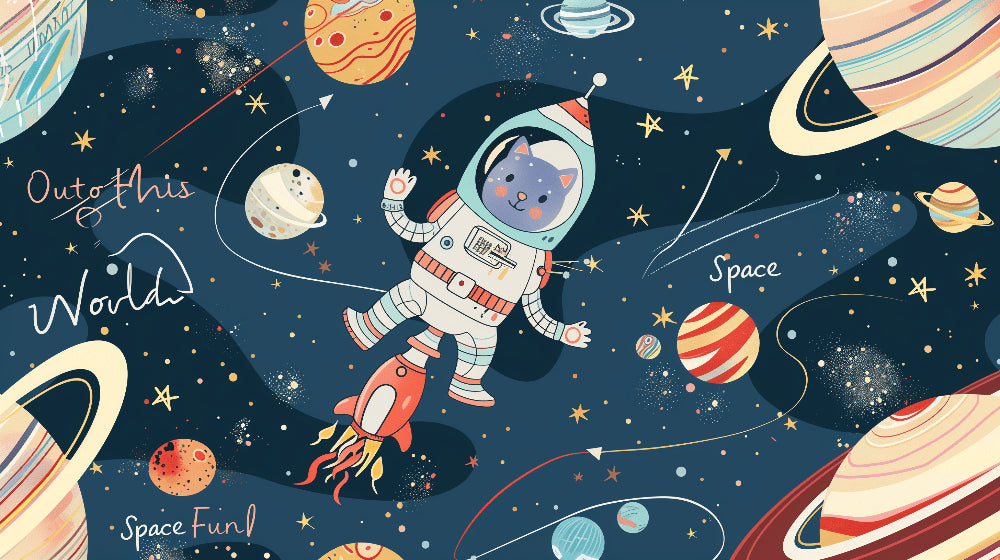 Detailed space cat astronaut mural wallpaper design pattern with blue galaxy and rockets by Kids-Mundo