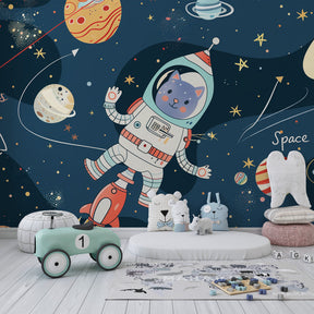 Space-themed mural wallpaper transforming kids playroom into galactic adventure zone
