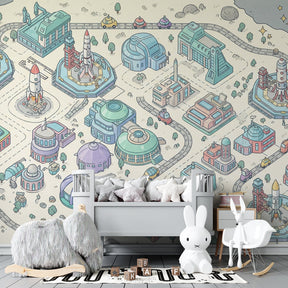 Playful space themed mural wallpaper transforming kids bedroom into galactic adventure by Kids-Mundo