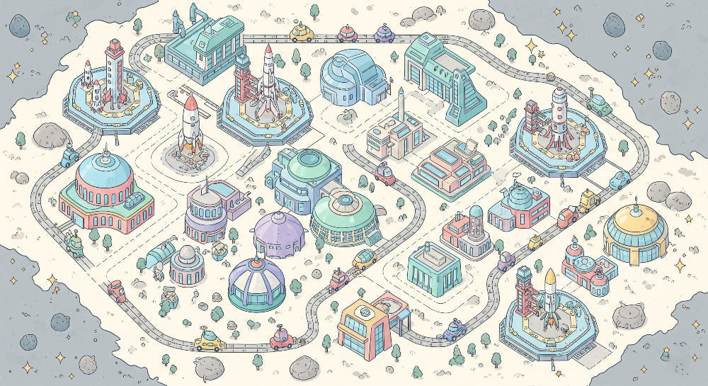 Detailed space city mural wallpaper design pattern with rockets and cosmic buildings by Kids-Mundo