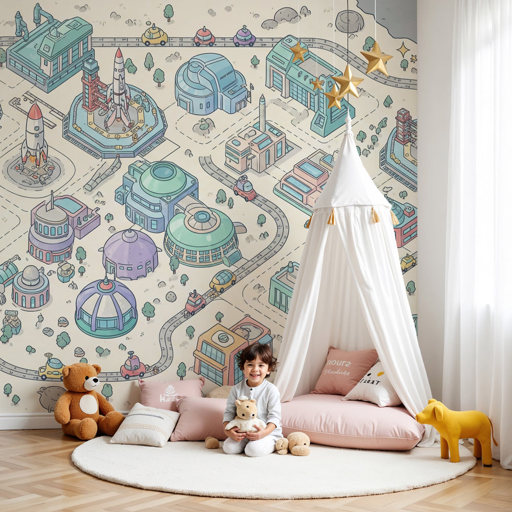 Space city mural wallpaper creating cosmic nursery decor with rockets and futuristic buildings by Kids-Mundo