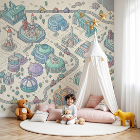 Space city mural wallpaper creating cosmic nursery decor with rockets and futuristic buildings by Kids-Mundo