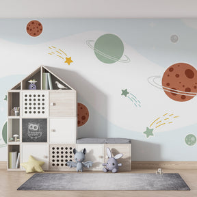 Soft planets and shooting stars mural wallpaper for kids room interior by Kids-Mundo