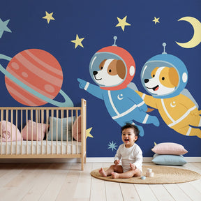 Space dog astronaut mural wallpaper in modern kids nursery room by Kids-Mundo