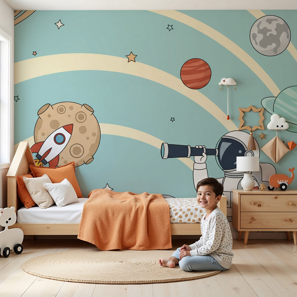Space exploration mural wallpaper with astronaut and rocket in modern kids bedroom by Kids-Mundo