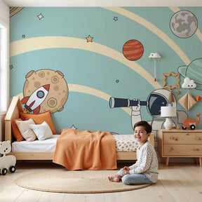 Space exploration mural wallpaper with astronaut and rocket in modern kids bedroom by Kids-Mundo
