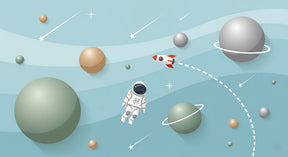 Detailed space explorer mural wallpaper design pattern with astronaut rocket and planets by Kids-Mundo