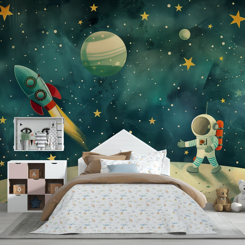 Multicolored space adventure mural wallpaper transforming kids playroom into cosmic exploration zone