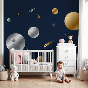 Space galaxy mural wallpaper with planets and stars in modern kids bedroom by Kids-Mundo