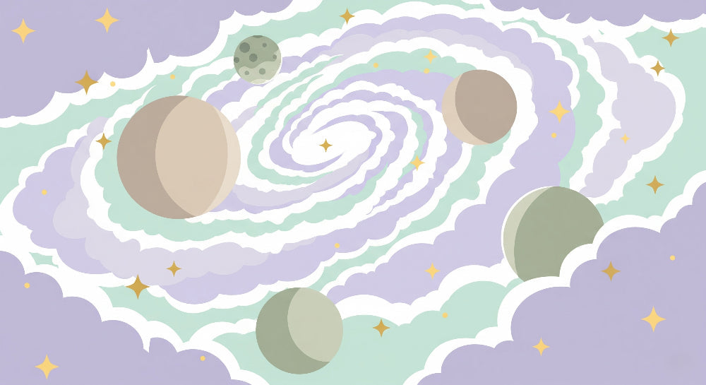 Detailed space galaxy mural wallpaper design pattern with planets and stars by Kids-Mundo