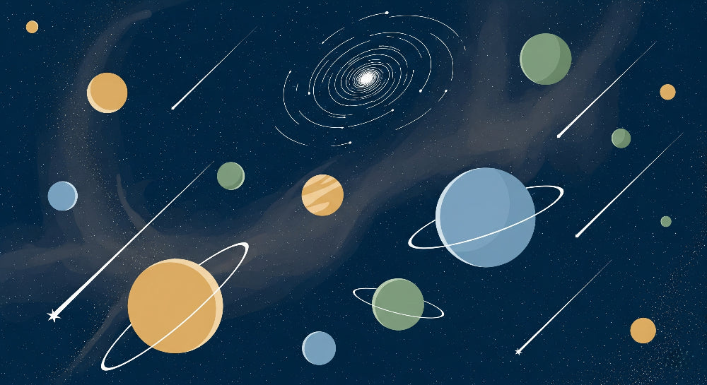 Detailed space galaxy mural wallpaper design pattern with colorful planets and starry cosmos by Kids-Mundo