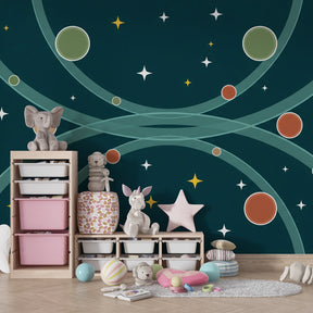Intergalactic adventure wallpaper creating cosmic atmosphere in children's nursery room