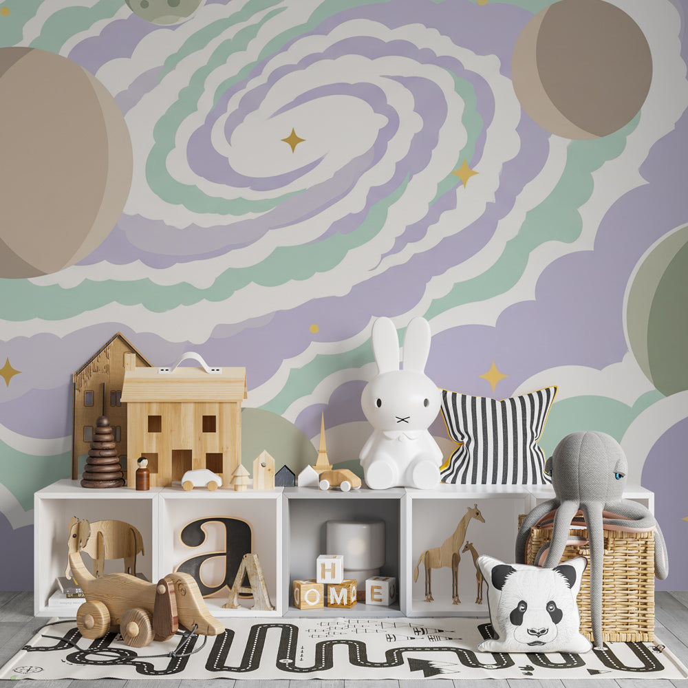 Intergalactic space mural wallpaper with pastel nebulae creating dreamy kids playroom atmosphere