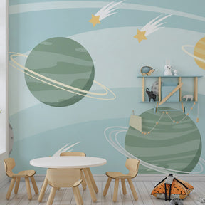 Children's space theme wallpaper transforming playroom into cosmic adventure zone