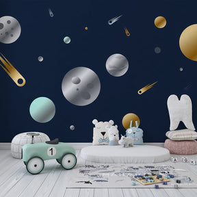 Celestial space wallpaper with comets and planets decorating children's playroom walls