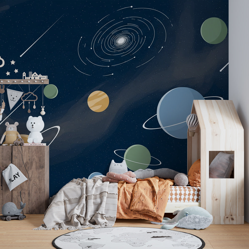 Galaxy themed mural wallpaper for children's playroom featuring shooting stars and planets