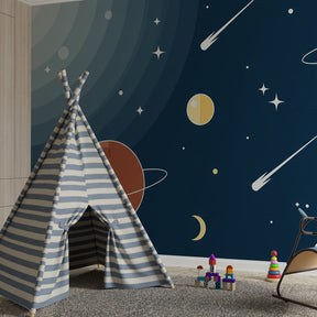 Navy blue space themed mural wallpaper with colorful planets for modern children's playroom