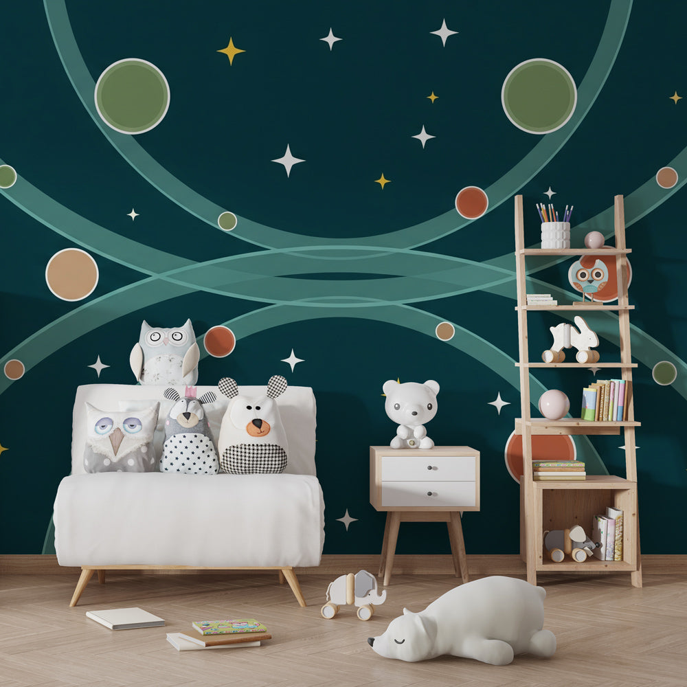 Colorful space themed mural wallpaper with planets transforming kids playroom decor