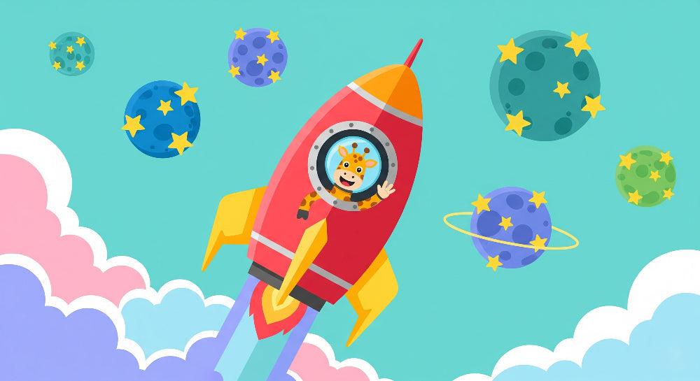 Detailed space giraffe astronaut mural wallpaper design pattern with planets and stars by Kids-Mundo