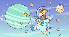 Detailed space giraffe astronaut mural wallpaper design pattern with stars and planets by Kids-Mundo