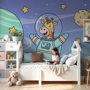 Space giraffe astronaut mural wallpaper in modern nursery room with cosmic theme by Kids-Mundo