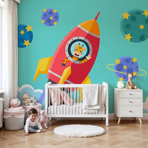 Space giraffe mural wallpaper creating cosmic adventure nursery decor by Kids-Mundo