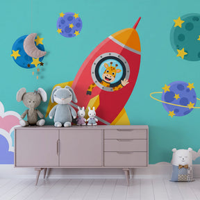 Giraffe space theme mural wallpaper transforming children's playroom into cosmic adventure