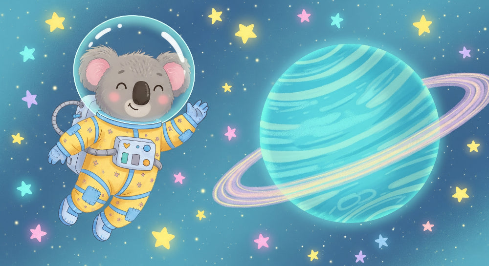 Detailed space koala astronaut mural wallpaper design pattern with stars and planets by Kids-Mundo