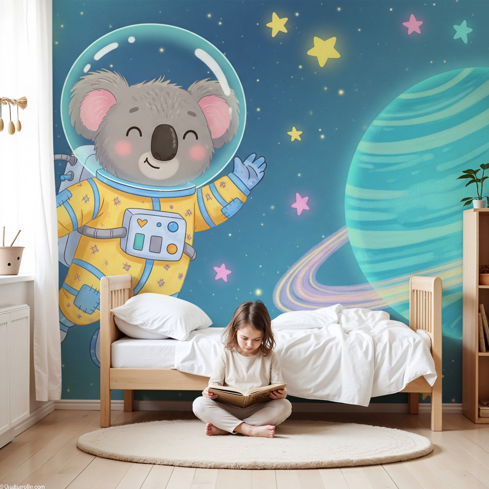 Space koala astronaut mural wallpaper decorating modern nursery room by Kids-Mundo