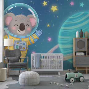 Space-themed koala mural wallpaper transforming children's playroom into cosmic adventure zone