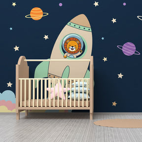Lion astronaut space wallpaper creating cosmic adventure theme in kids bedroom