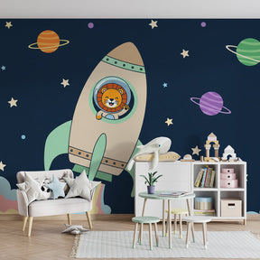 Colorful space lion mural wallpaper with planets and stars in children's playroom