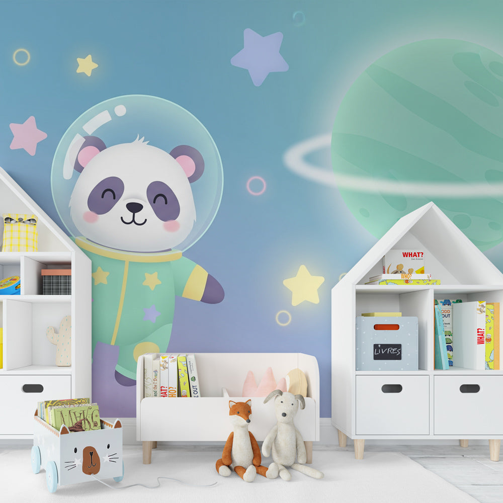 Astronaut panda wallpaper creating magical space adventure in children's bedroom decor
