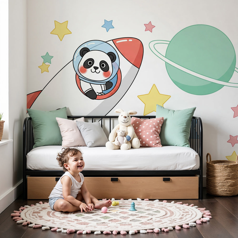 Space panda astronaut mural wallpaper creating cosmic adventure nursery decor by Kids-Mundo