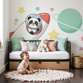 Space panda astronaut mural wallpaper creating cosmic adventure nursery decor by Kids-Mundo