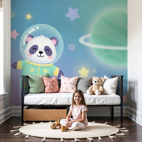 Space panda astronaut mural wallpaper in modern nursery with cosmic theme by Kids-Mundo