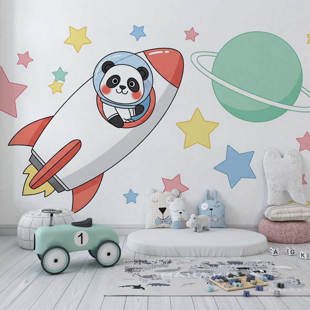 Space-themed panda mural wallpaper with stars and planets for children's playroom by Kids-Mundo